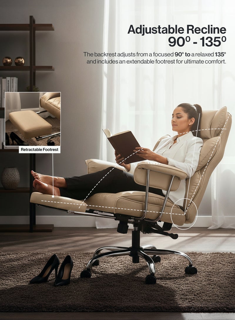 دراجو كرسي مكتب منزلي كبير الحجم وطويل القامة مع مسند للقدمين، مصنوع من الجلد الصناعي، مزود بدعم قطني بنوابض جيبية | كرسي مكتب دوار مريح بتصميم هندسي | كرسي ألعاب كمبيوتر مريح مع مسند للذراعين | كرسي استرخاء بيج اللون قابل لتعديل الارتفاع مع ظهر مرتفع - Image 4